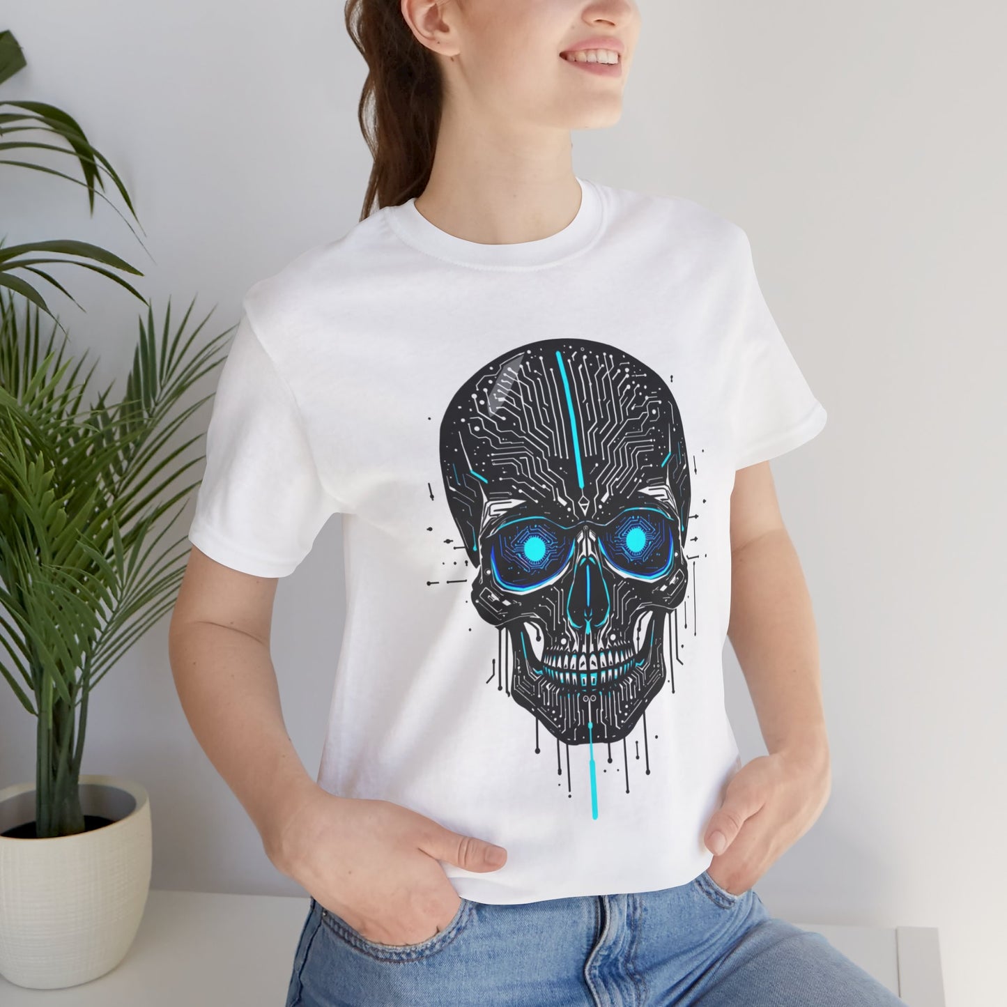 Futuristic Skull Graphic Tee, Cyberpunk Apparel, T-Shirt for Tech Lovers, Unique Gift for Halloween, Edgy Streetwear