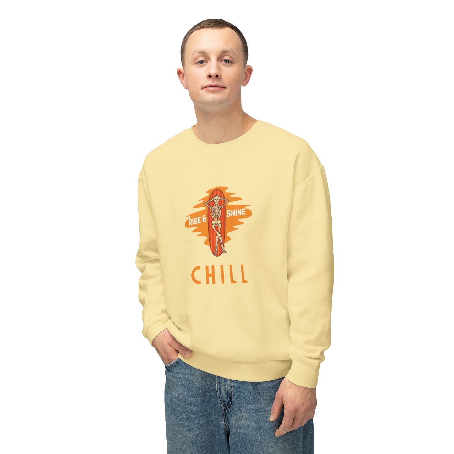 Chill Lightweight Crewneck Sweatshirt, Rise & Shine Graphic, Cozy Lounge Wear, Perfect Gift for Any Occasion, Trendy Fall Fashion