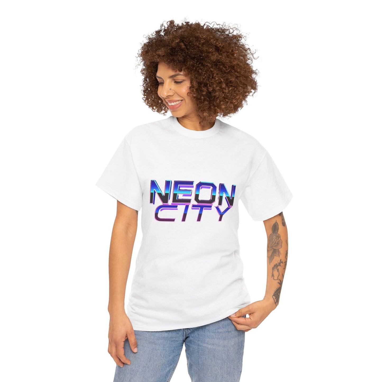 Neon City Heavy Cotton Tee | Retro Graphic Tee, Streetwear Shirt, Gamer Apparel, Festival Clothing, Gift for Him/Her