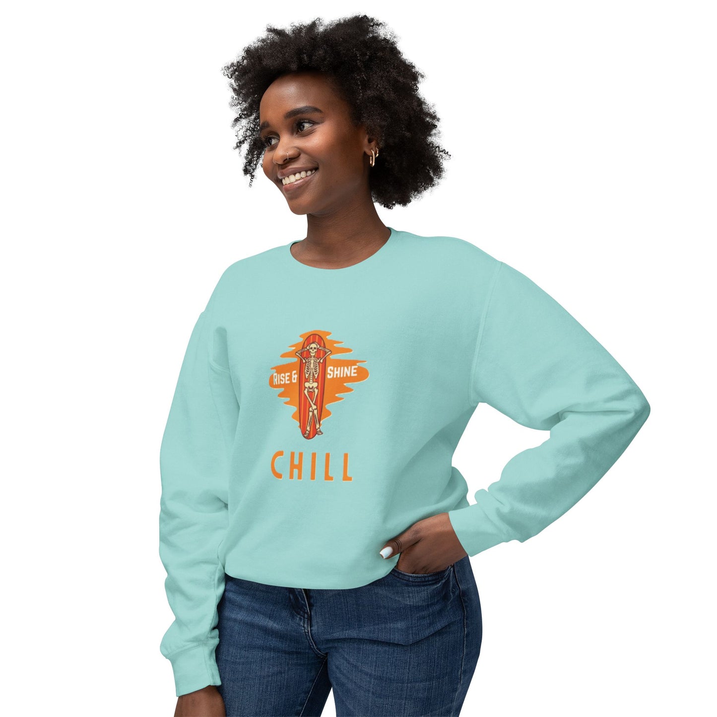 Chill Lightweight Crewneck Sweatshirt, Rise & Shine Graphic, Cozy Lounge Wear, Perfect Gift for Any Occasion, Trendy Fall Fashion
