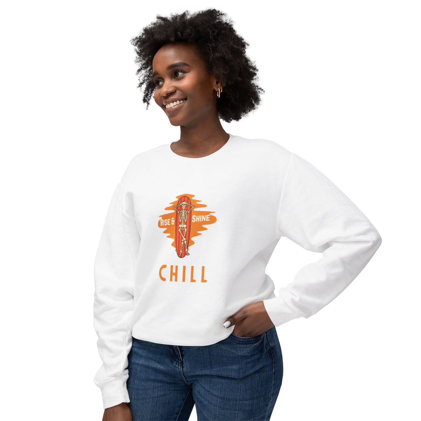 Chill Lightweight Crewneck Sweatshirt, Rise & Shine Graphic, Cozy Lounge Wear, Perfect Gift for Any Occasion, Trendy Fall Fashion