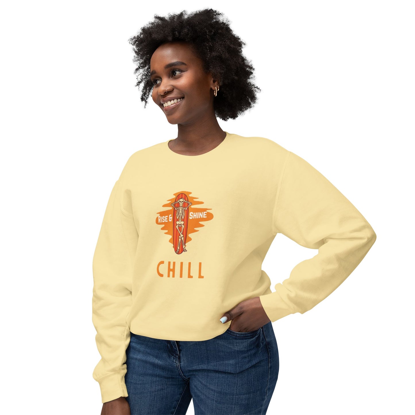 Chill Lightweight Crewneck Sweatshirt, Rise & Shine Graphic, Cozy Lounge Wear, Perfect Gift for Any Occasion, Trendy Fall Fashion