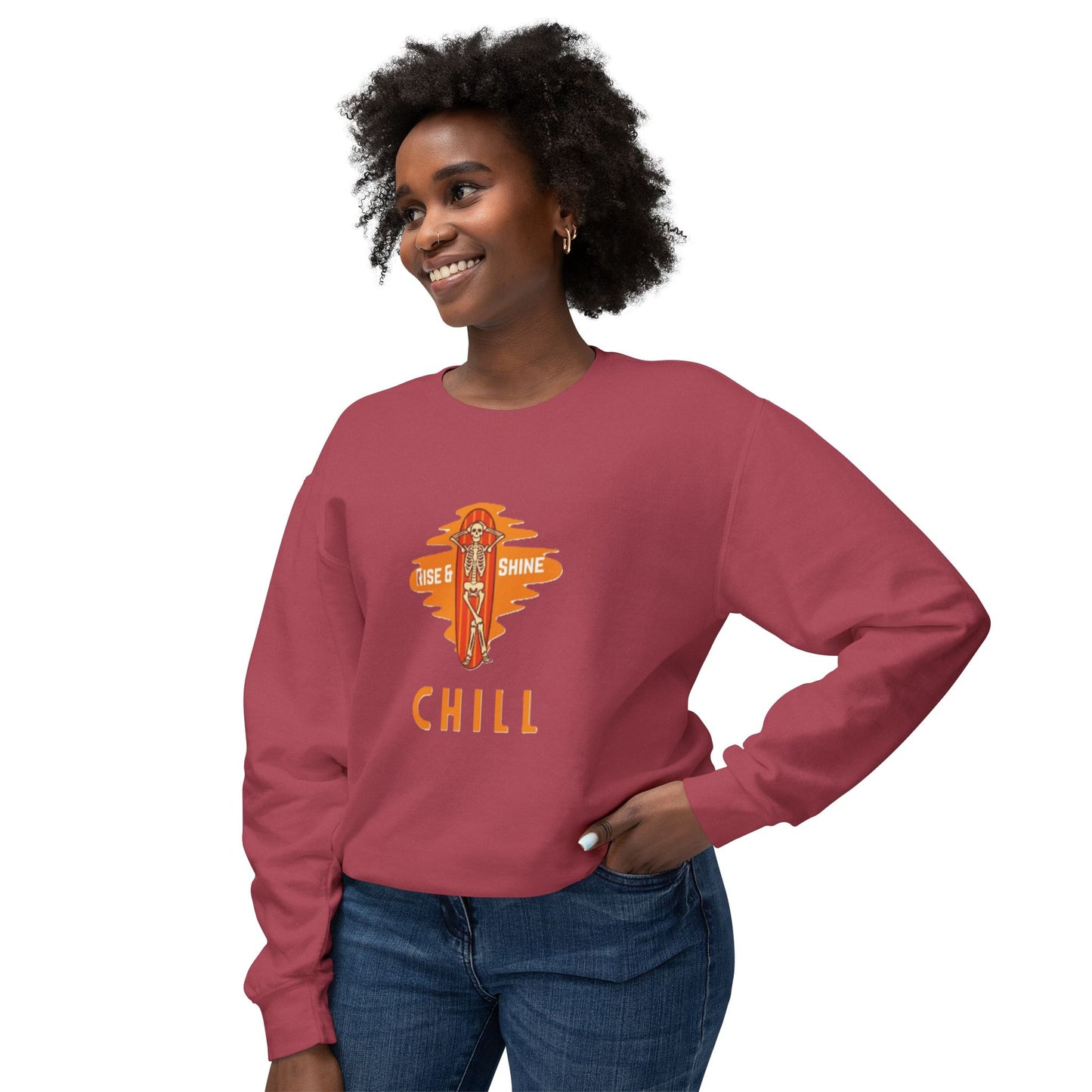 Chill Lightweight Crewneck Sweatshirt, Rise & Shine Graphic, Cozy Lounge Wear, Perfect Gift for Any Occasion, Trendy Fall Fashion