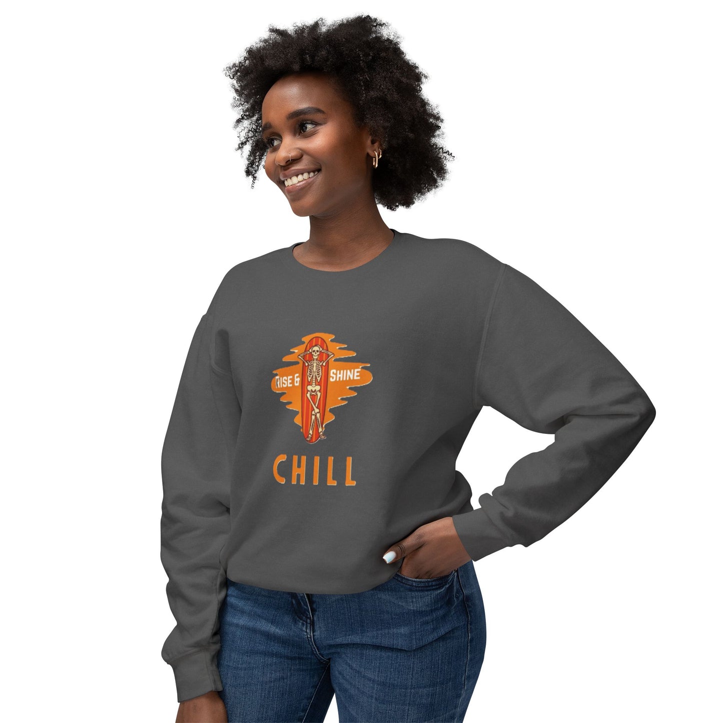 Chill Lightweight Crewneck Sweatshirt, Rise & Shine Graphic, Cozy Lounge Wear, Perfect Gift for Any Occasion, Trendy Fall Fashion