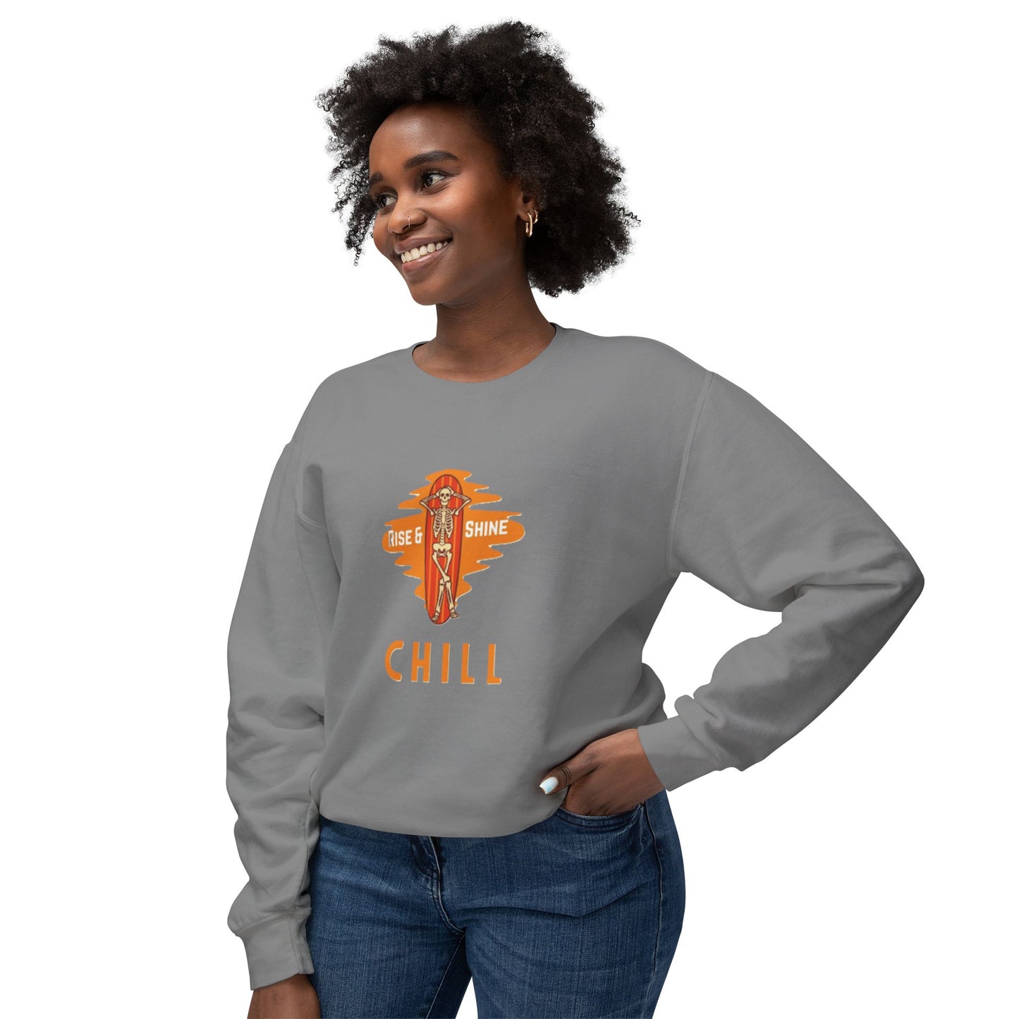 Chill Lightweight Crewneck Sweatshirt, Rise & Shine Graphic, Cozy Lounge Wear, Perfect Gift for Any Occasion, Trendy Fall Fashion