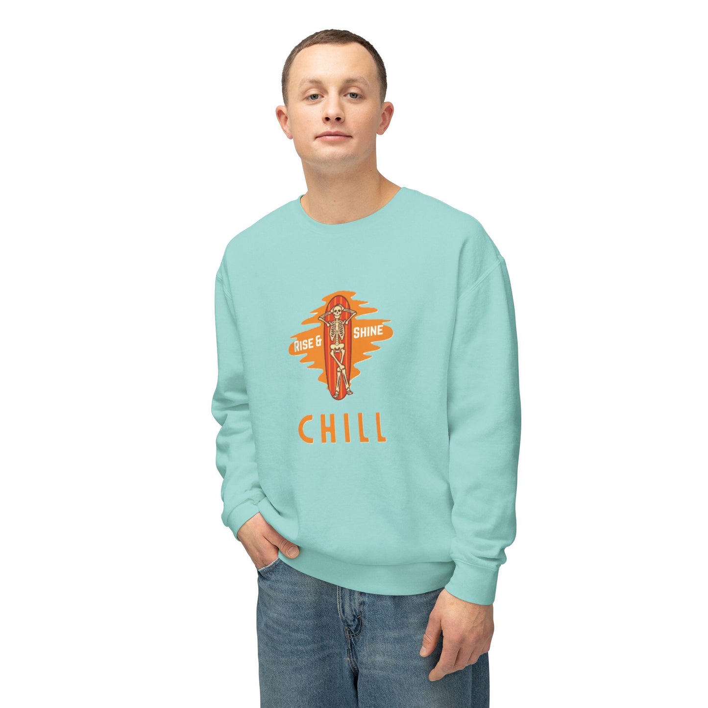 Chill Lightweight Crewneck Sweatshirt, Rise & Shine Graphic, Cozy Lounge Wear, Perfect Gift for Any Occasion, Trendy Fall Fashion