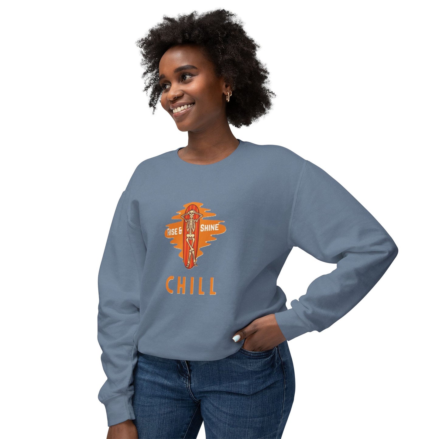 Chill Lightweight Crewneck Sweatshirt, Rise & Shine Graphic, Cozy Lounge Wear, Perfect Gift for Any Occasion, Trendy Fall Fashion