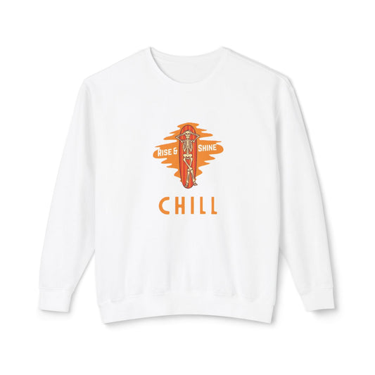 Chill Lightweight Crewneck Sweatshirt, Rise & Shine Graphic, Cozy Lounge Wear, Perfect Gift for Any Occasion, Trendy Fall Fashion